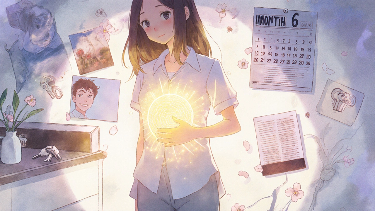 A woman heals as golden light restores her memories and brain function, with cortisol dissipating into petals.