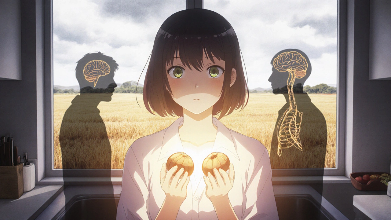 A woman holding Brazil nuts as golden energy restores her thyroid and immune system, behind her Australian farmland.