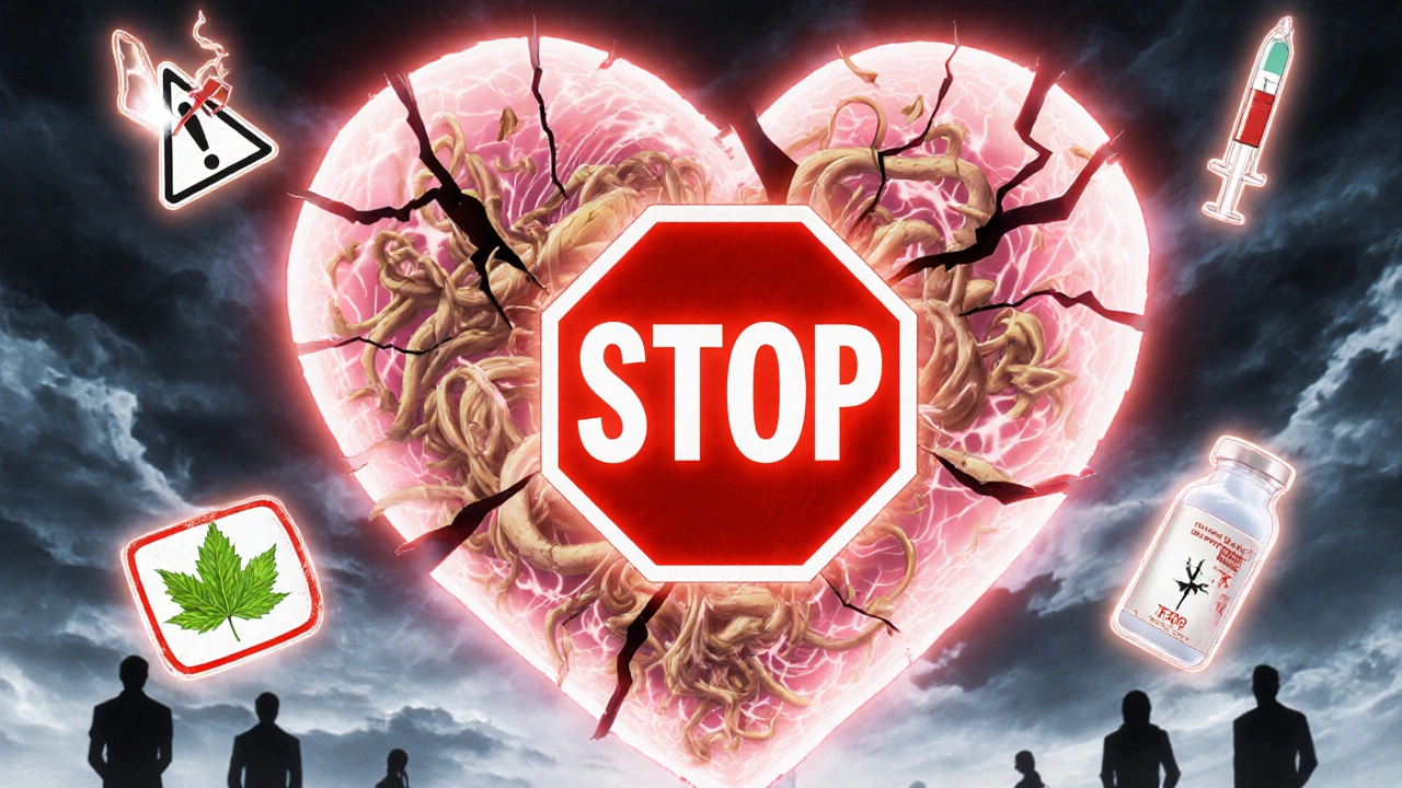 Cracked heart with Danshen and drug molecules colliding, red STOP sign at center.