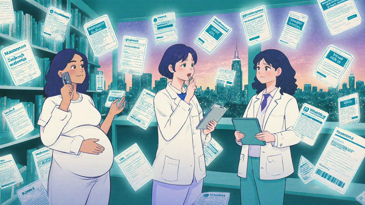 Diverse group of patients exploring animated drug labels in a glowing library, one consulting a pharmacist via hologram.