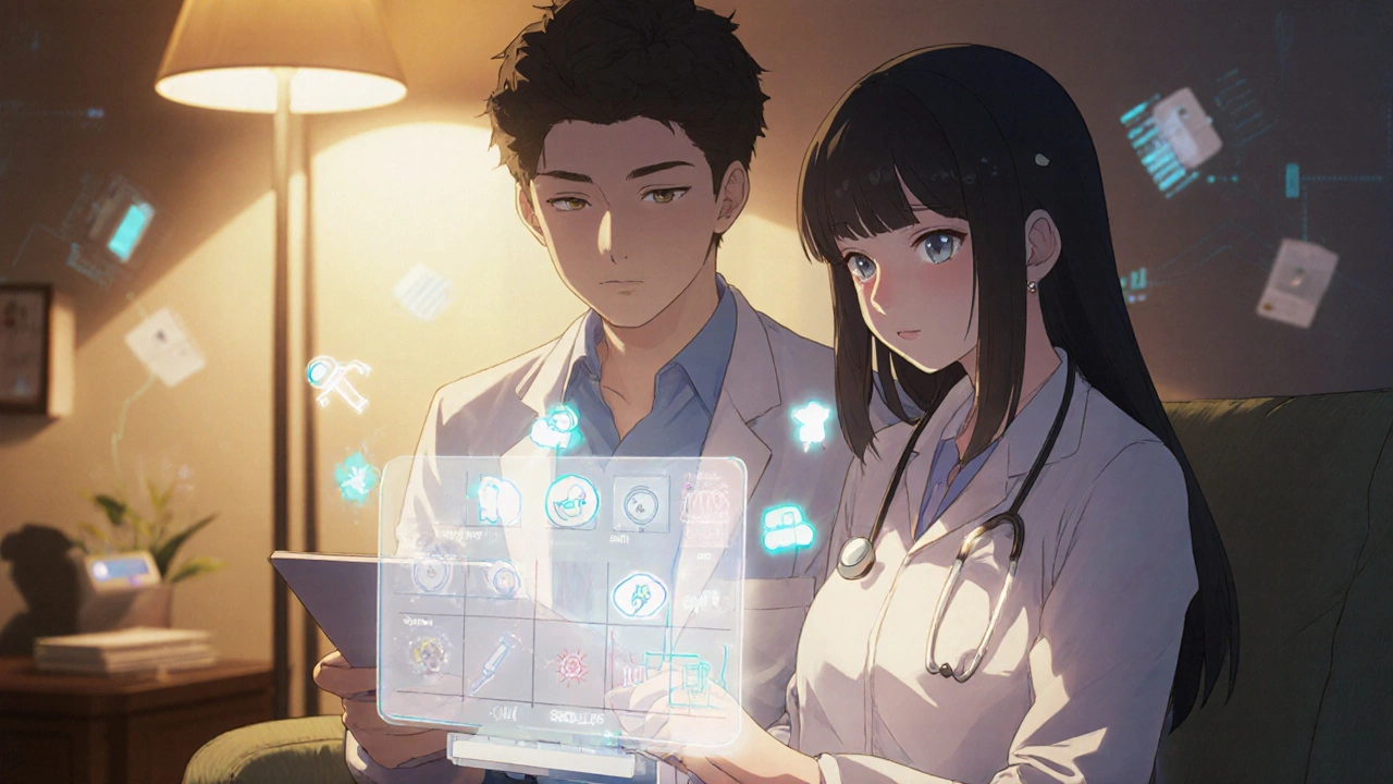 Doctor and patient reviewing symptoms on a digital journal with floating health metrics.
