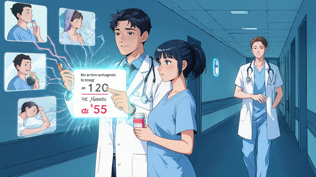 Doctor points to EHR screen showing generic drug cost savings, patient walks away smiling with prescription.