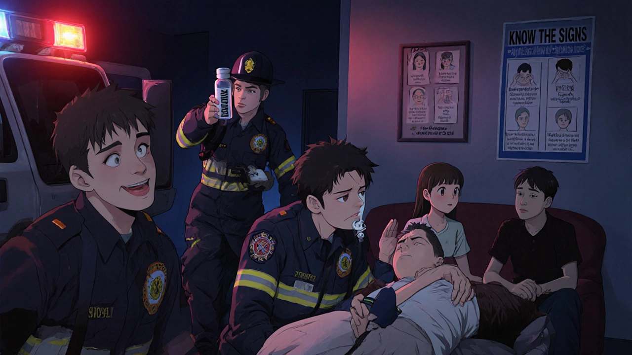 Emergency responders perform rescue breathing as an empty pill bottle is held up, lights flashing in the background.