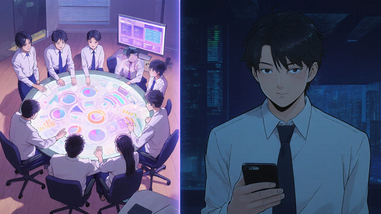 Employees in South Korea celebrate team-based progress on a digital dashboard, while an individual in Canada uses a personal tracker.