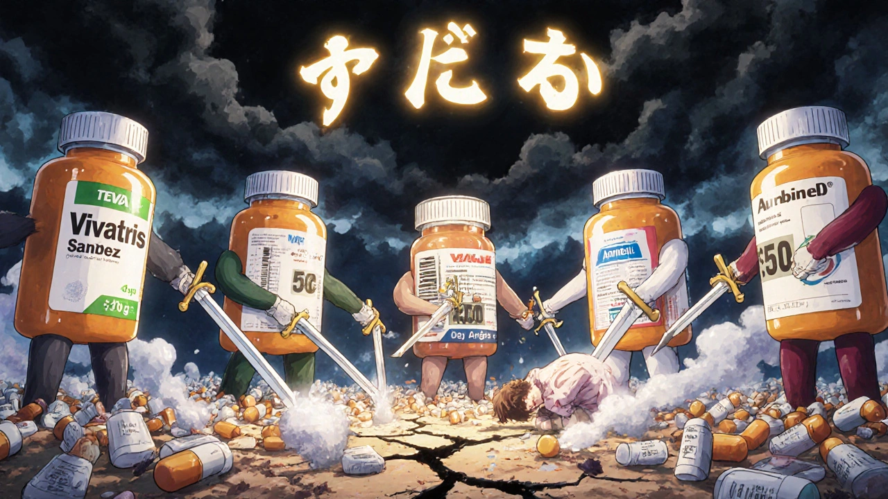 Five corporate giants battling over pill bottles on a battlefield, anime style