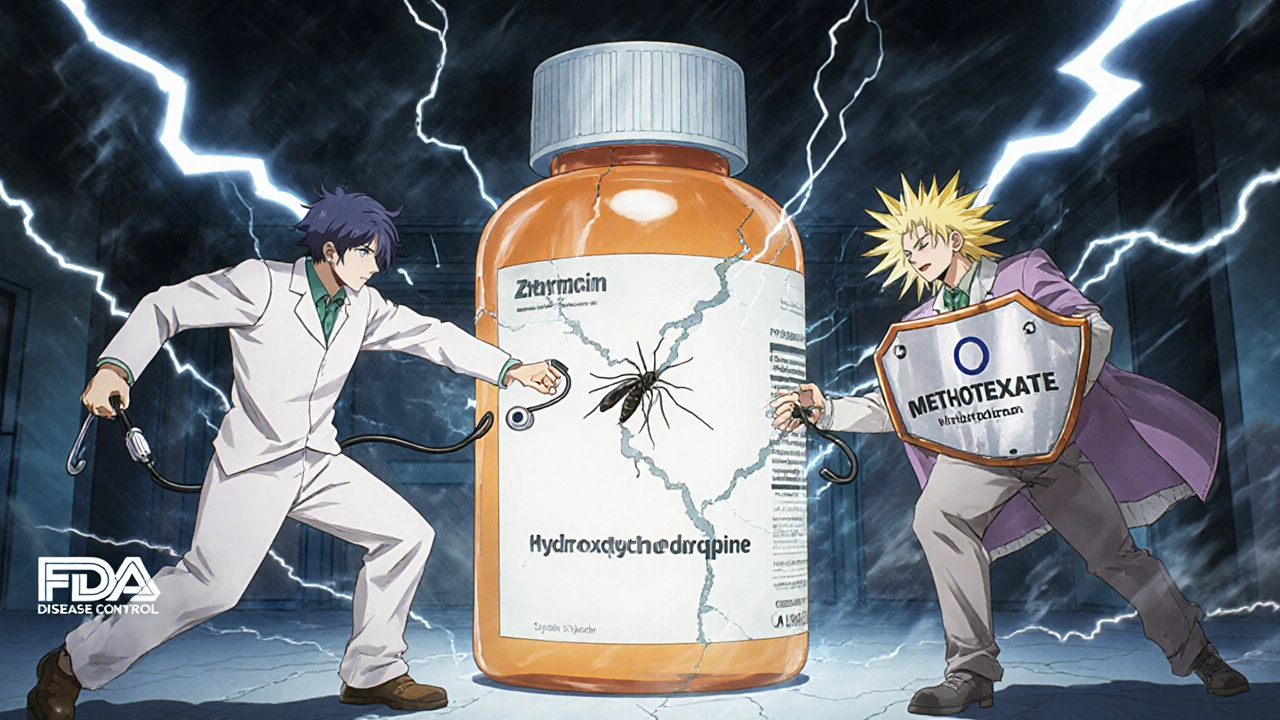 Giant hydroxychloroquine bottle being overpowered by three medical treatment figures in dramatic anime battle