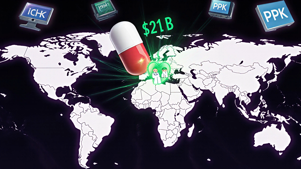 Global map connecting countries with a pill releasing savings energy, symbolizing generic drug access.