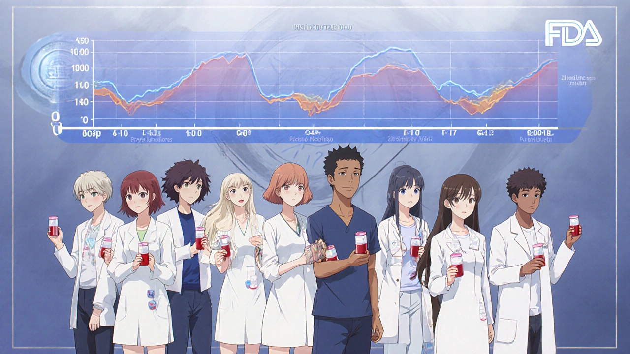 Healthy volunteers in a clinical trial with animated drug concentration graphs above them.