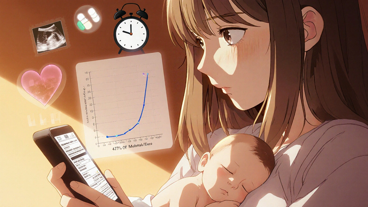 Mother breastfeeding while viewing infant drug exposure data on phone, with glowing graph and sleeping baby nearby.