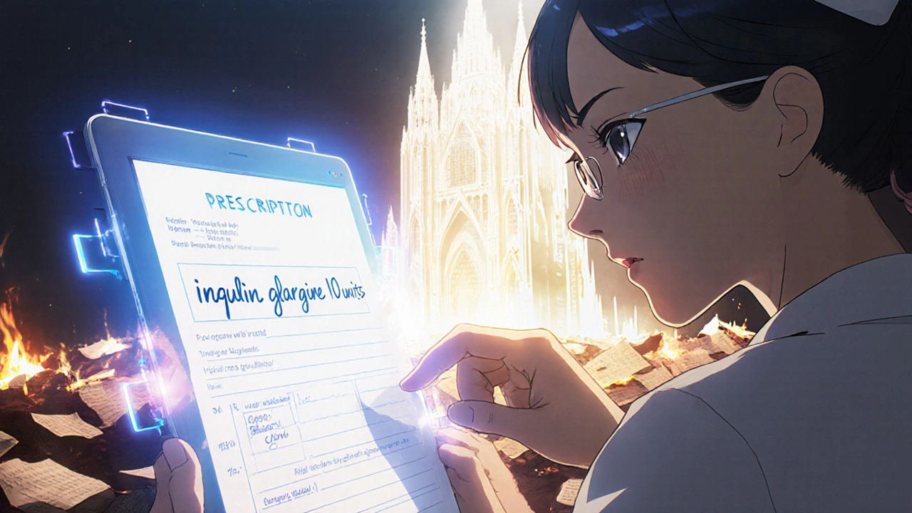 Nurse scanning a handwritten script with an AI app that reveals the correct dosage in glowing blue text.