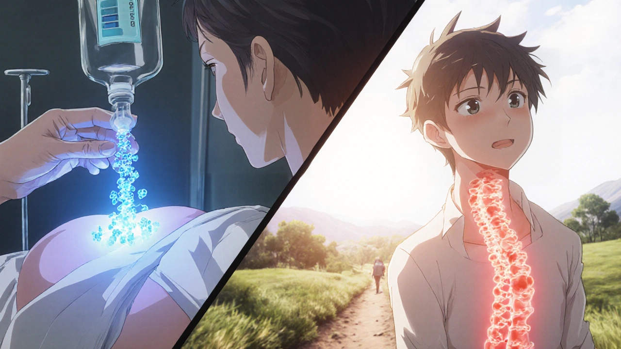 Patient receiving IV treatment in clinic, later hiking freely with fading inflammation, anime style.