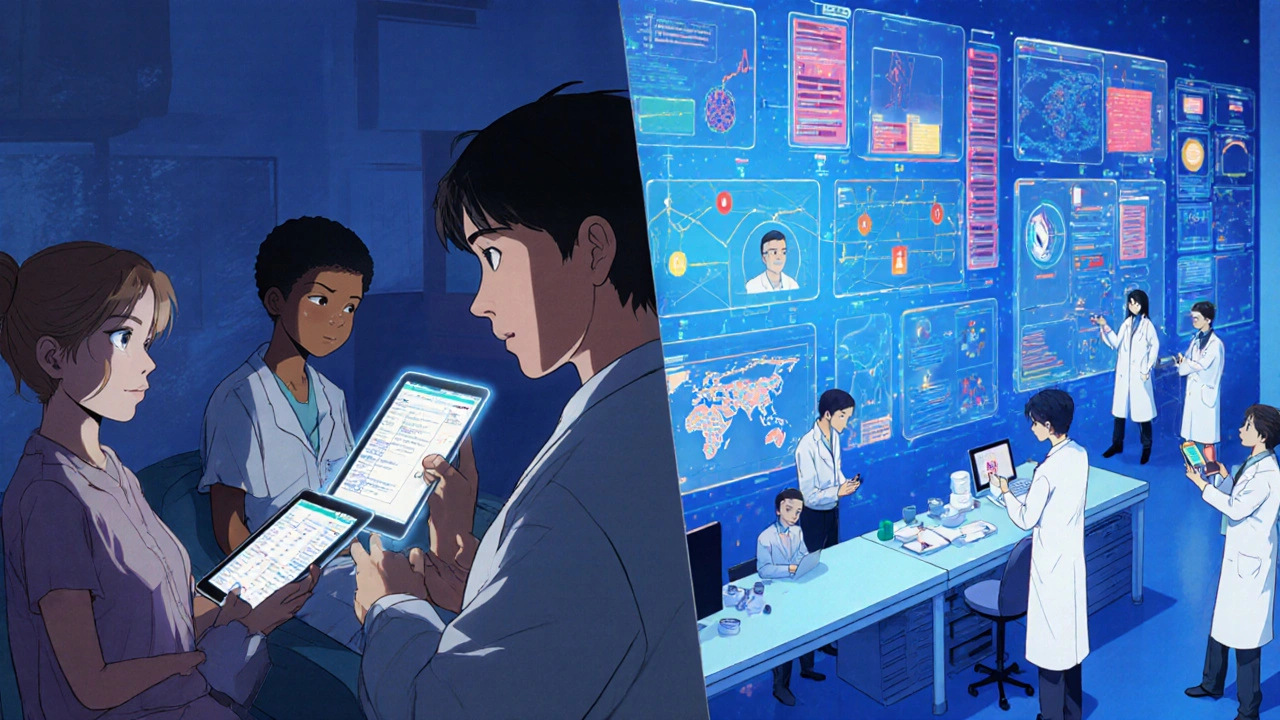 Patients submitting digital health reports while a central lab dashboard displays real-time safety alerts from across the country.