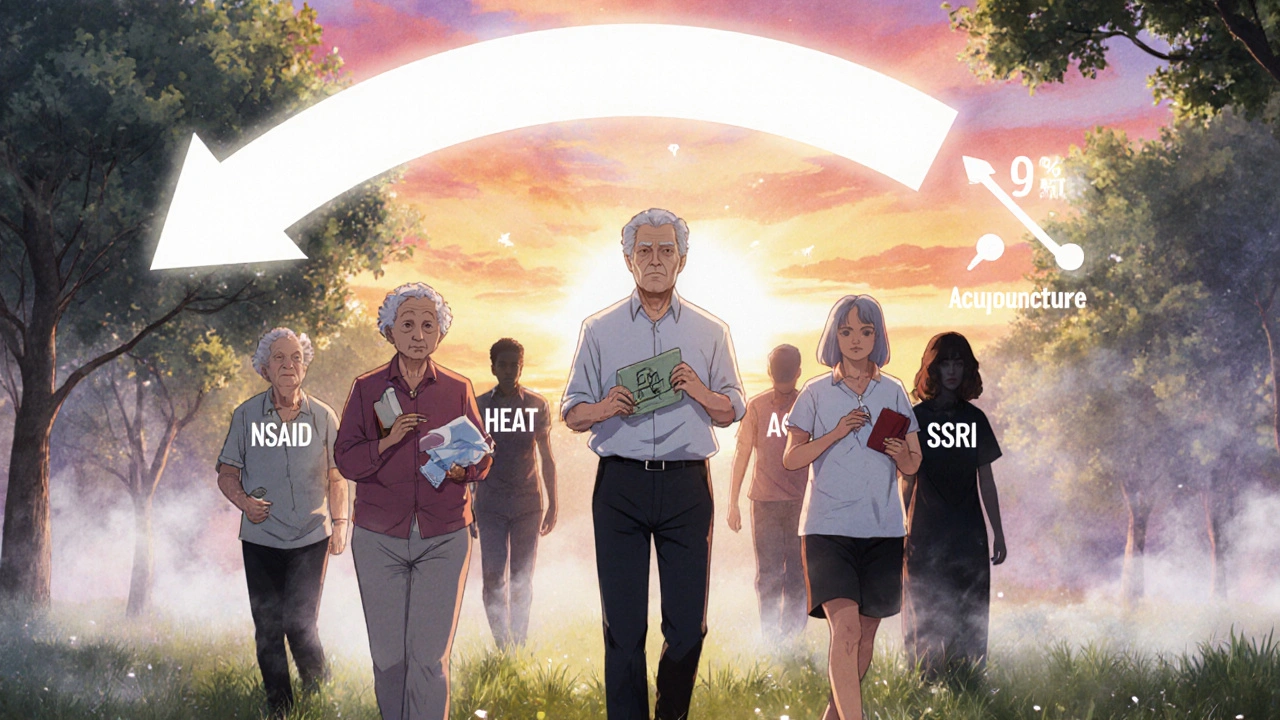 People in a park safely using alternative pain relief methods as dangerous drug shadows fade away behind them.