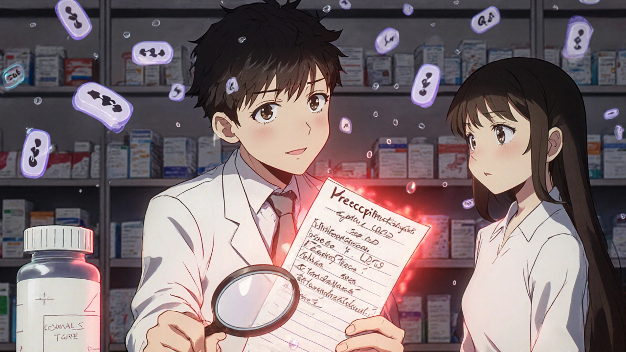 Pharmacist examining a messy prescription as symbols twist into dangerous errors, patient waiting anxiously.