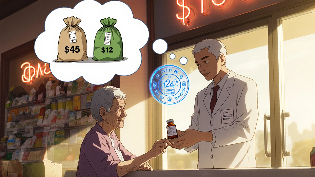 Pharmacist hands generic pill bottle to elderly patient, with cost comparison visualized in thought bubble.