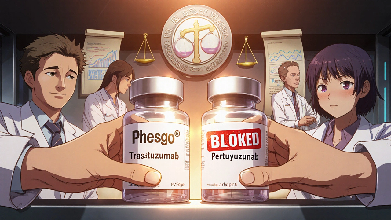 Pharmacy shelf with blocked generic drugs and glowing branded injector in anime style
