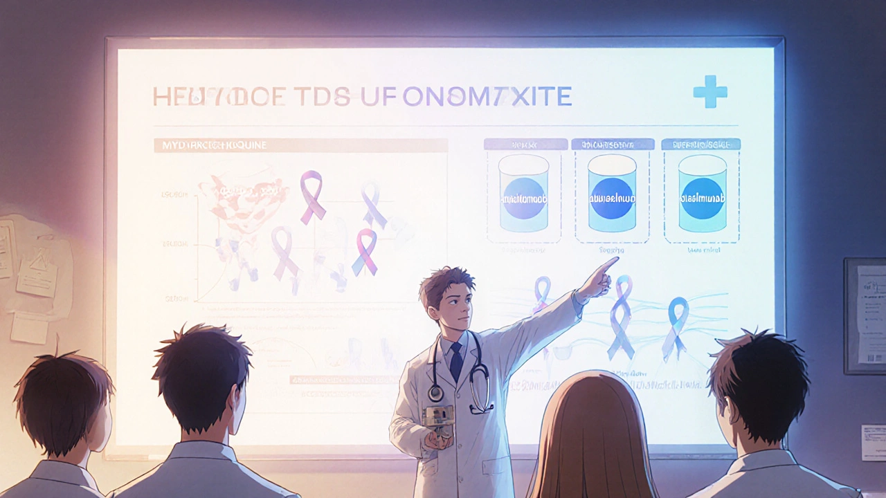 Rheumatologist pointing to medical chart showing hydroxychloroquine fading as newer drugs glow brighter