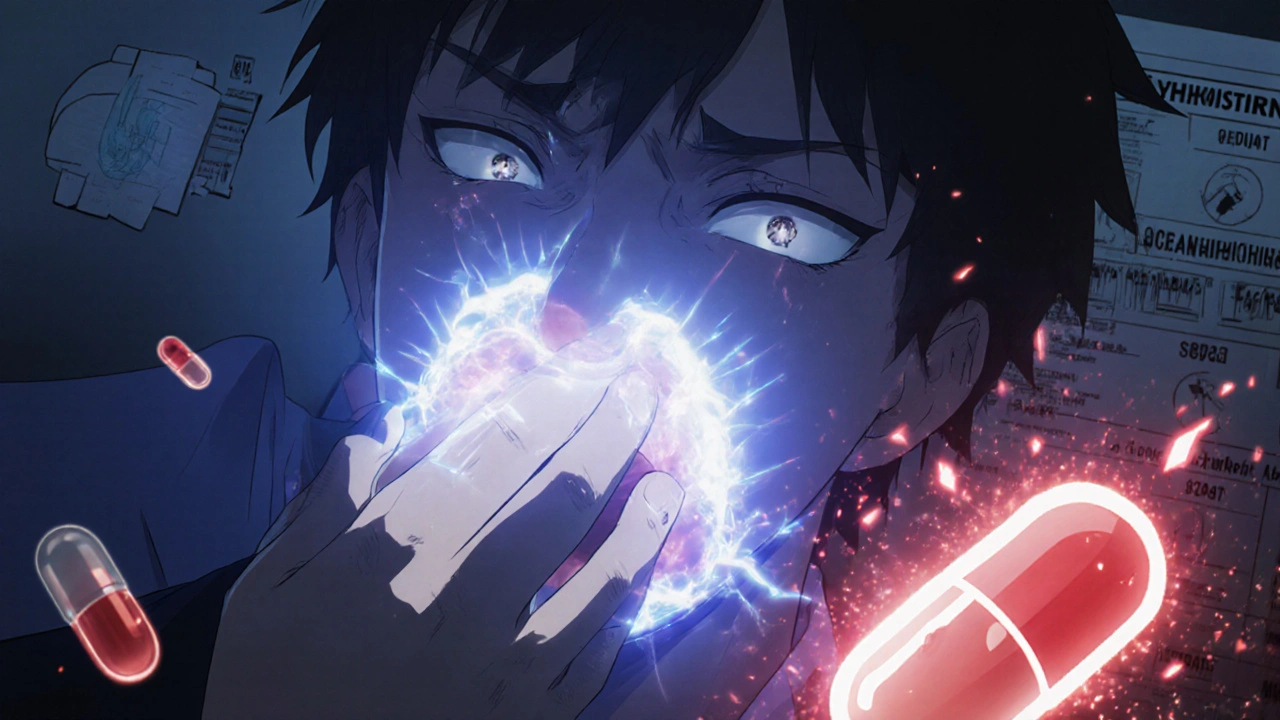 Someone with swollen lips and eyelids, a dark energy field around their face, a broken antihistamine pill nearby.