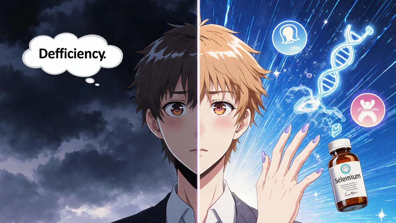 Split scene: a tired person turning vibrant as selenium flows into their body, with medical symbols glowing around them.