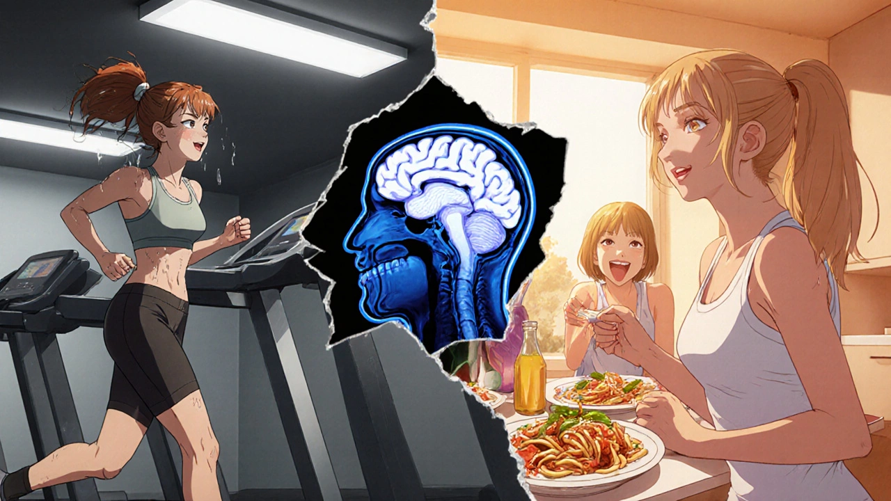 Split scene: a tired runner on the left, a joyful woman eating pasta on the right, showing the cost of energy deficit.