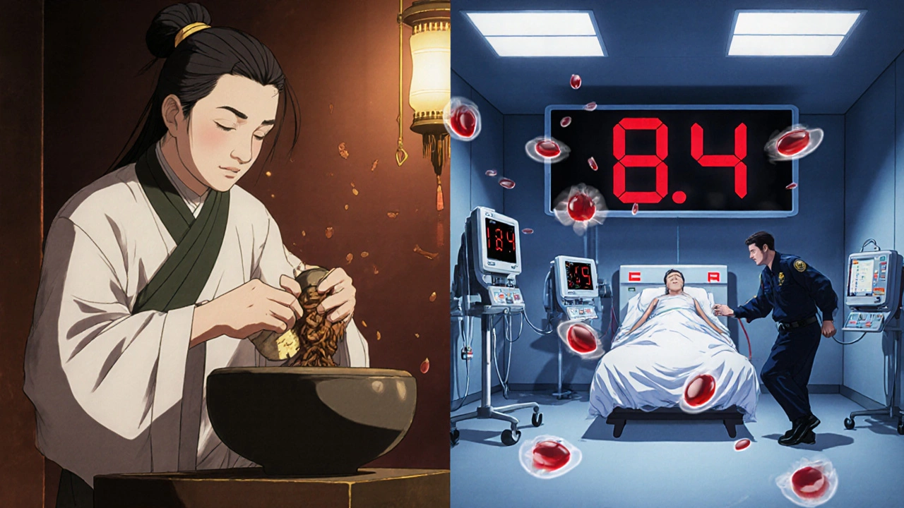 Split scene: traditional herbalist grinding Danshen vs. hospital ER with high INR readout.