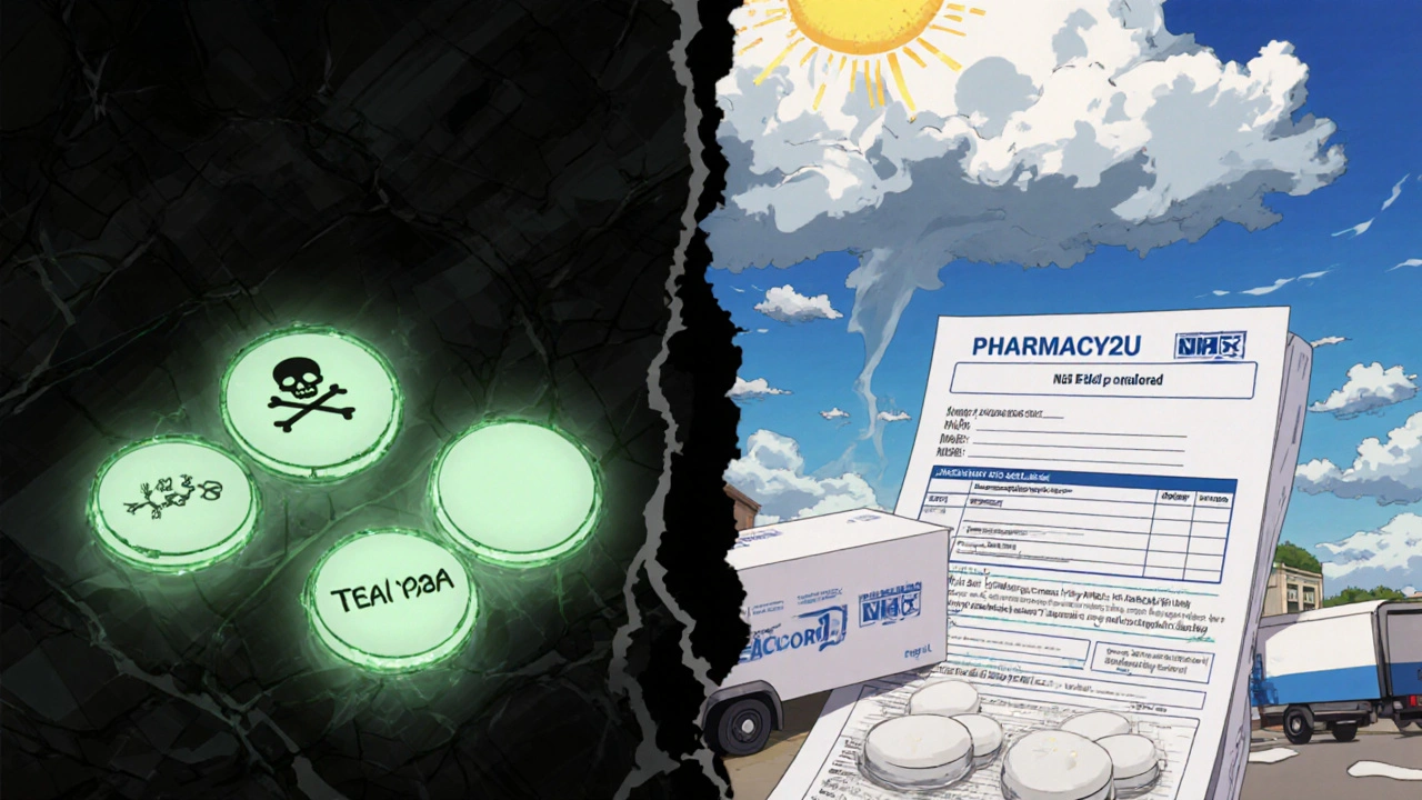 Split-screen: toxic fake pills on one side, legitimate metformin and NHS documents on the other.