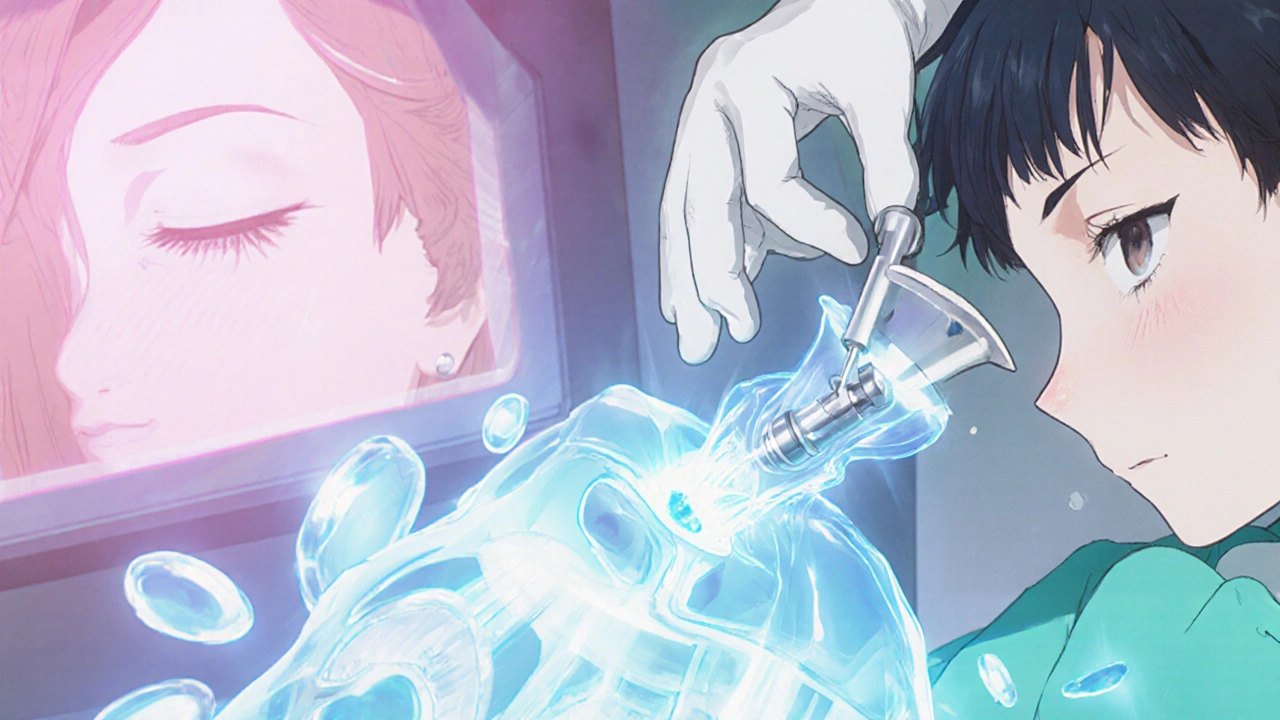 Surgeon inserts a titanium piston into the stapes during a stapedotomy procedure with glowing anatomical details.