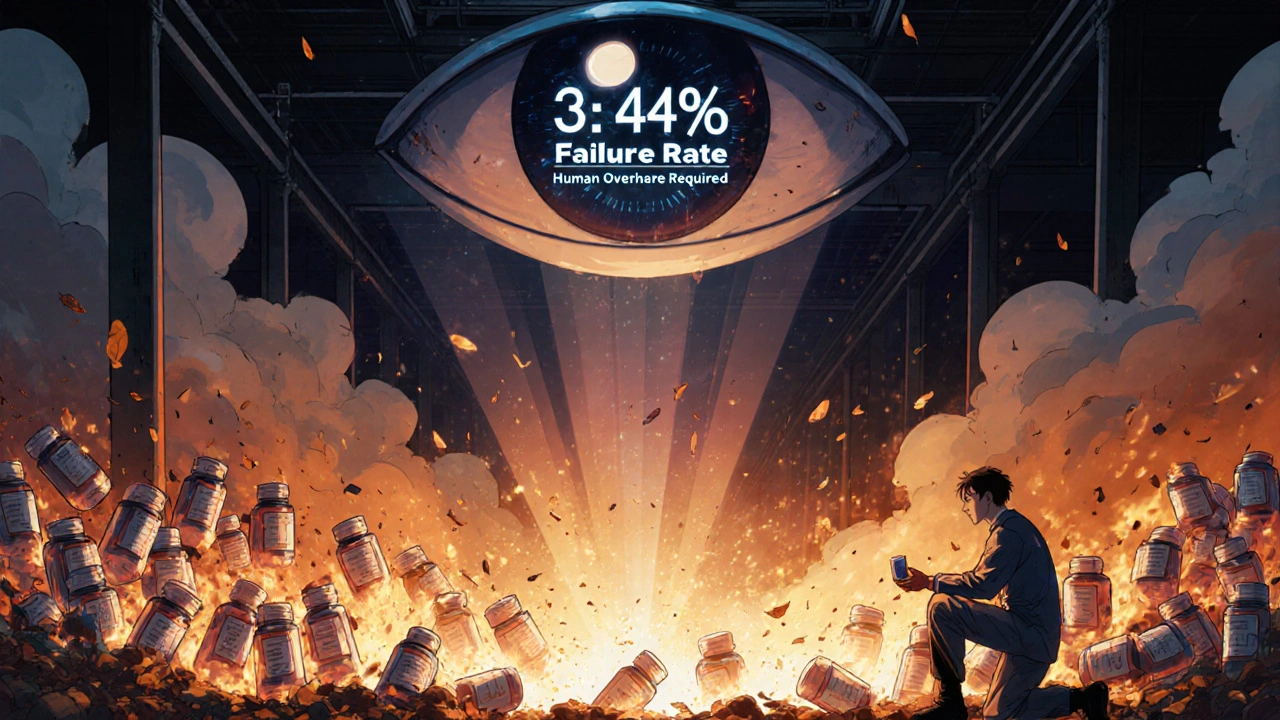 Thousands of medicines burning in a fiery pit while an AI eye watches overhead.