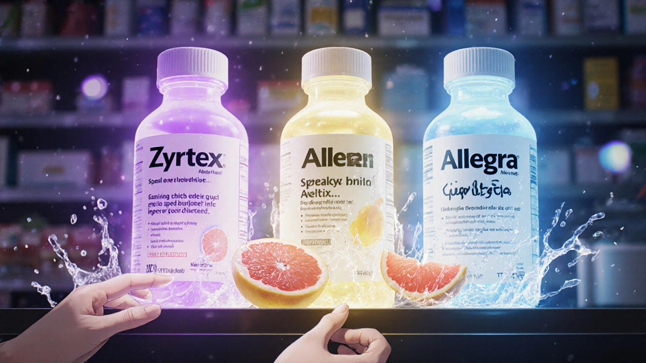 Three antihistamine bottles glowing with distinct auras on a pharmacy shelf