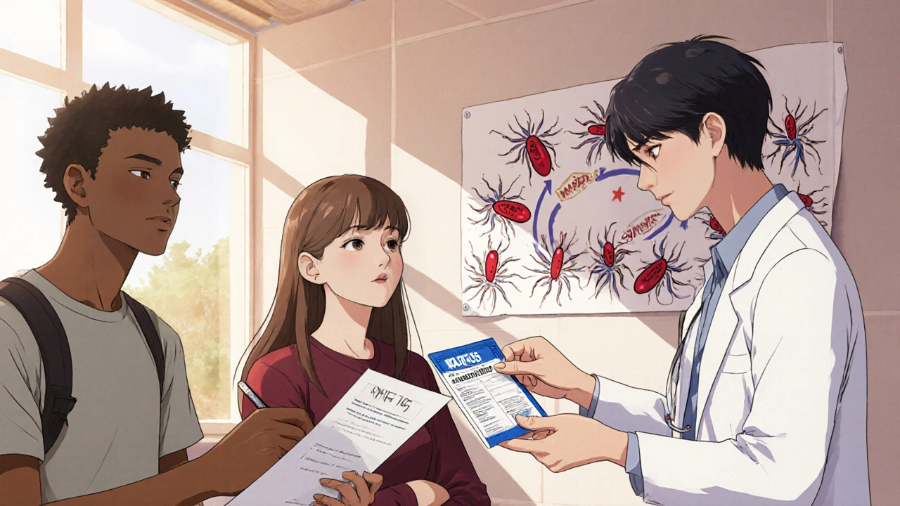 Travelers in a clinic receive personalized malaria prevention options, with a mural showing parasites being outcompeted.