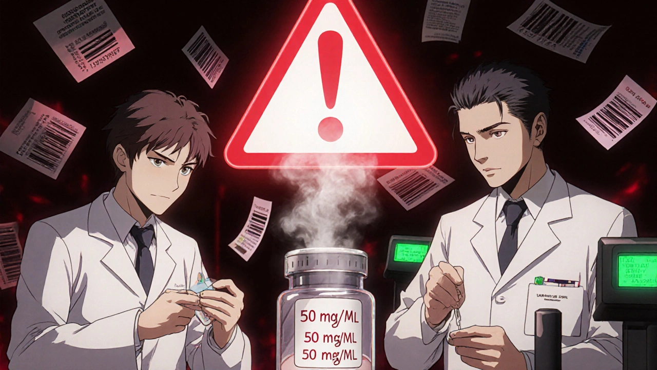 Two pharmacists in intense dual verification, red warning flashing over mislabeled vial with incorrect dosage.