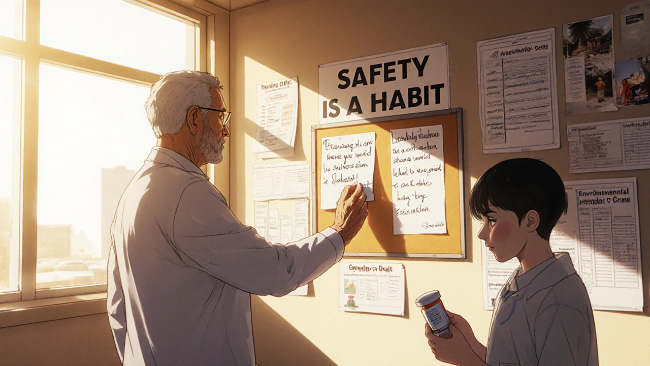 Veteran pharmacist placing safety reminder note as young pharmacist labels custom gel for a child in well-lit lab.