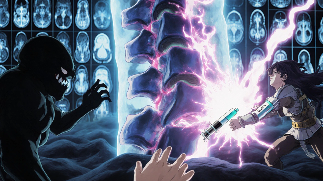 Warrior syringes fighting bone-fusion monsters inside a spine, anime style with glowing energy.