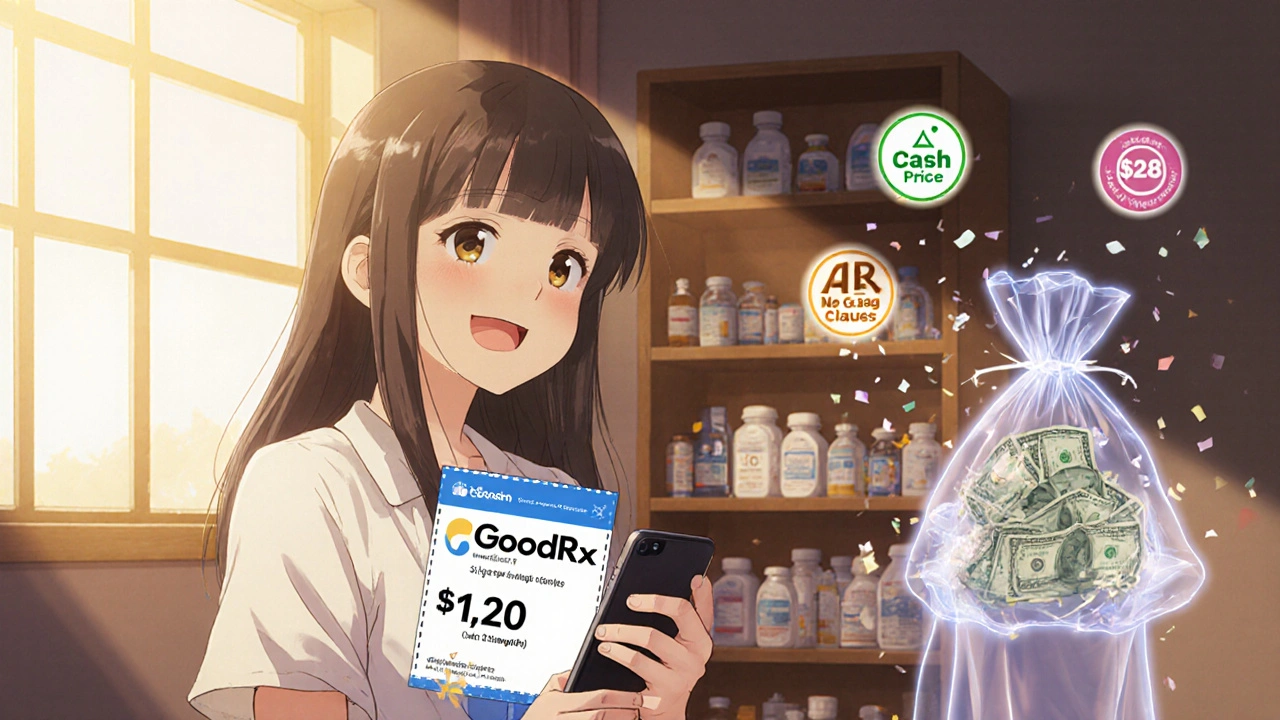 Woman checking a discount app for cheap generics, ghostly middleman fading away, anime style