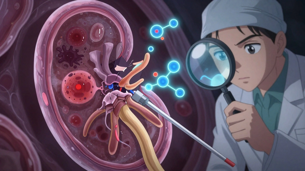 A close-up of a kidney biopsy revealing microscopic immune damage to podocytes and basement membrane, with glowing molecular markers floating in the scene.