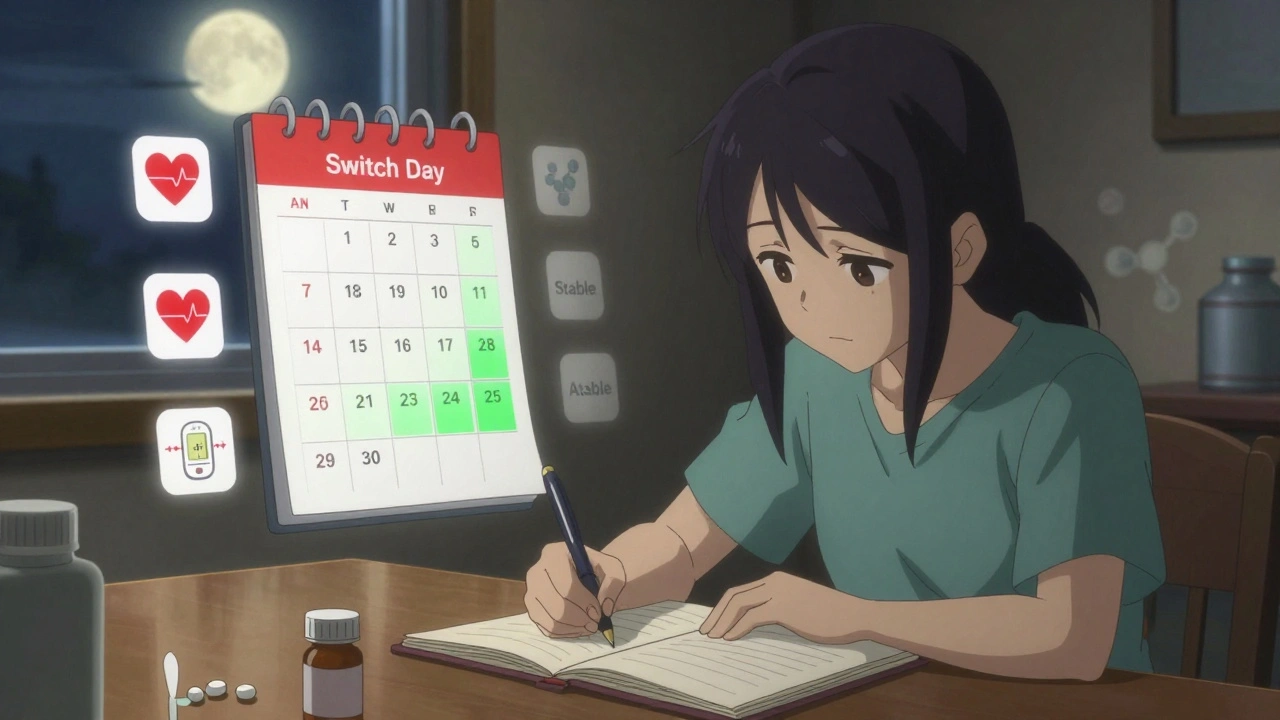 A patient journaling symptoms with floating health metrics showing improvement over time.