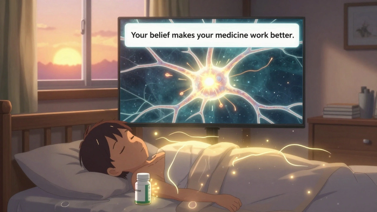 A patient sleeps peacefully beside generic pills while an educational video glows with healing neural activity.
