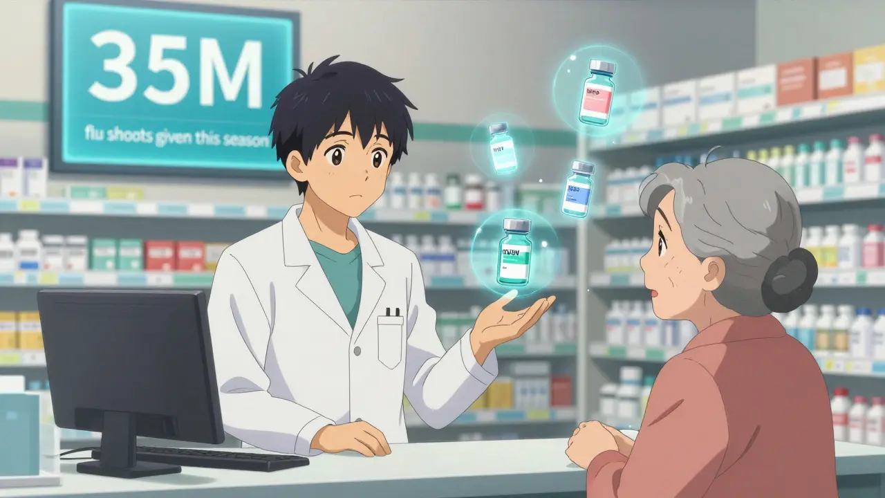 A pharmacist comforts an elderly patient while vaccine icons float beside them.