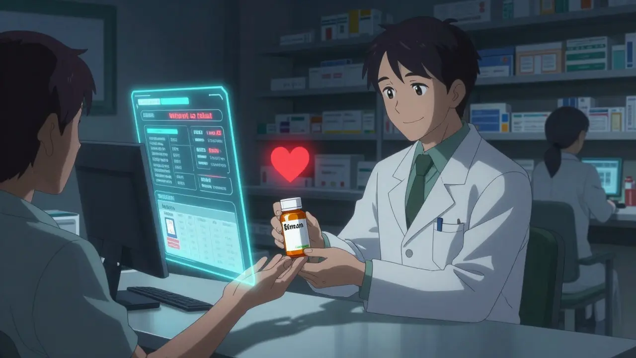 A pharmacist gives a low-cost generic pill to a patient under moonlight.