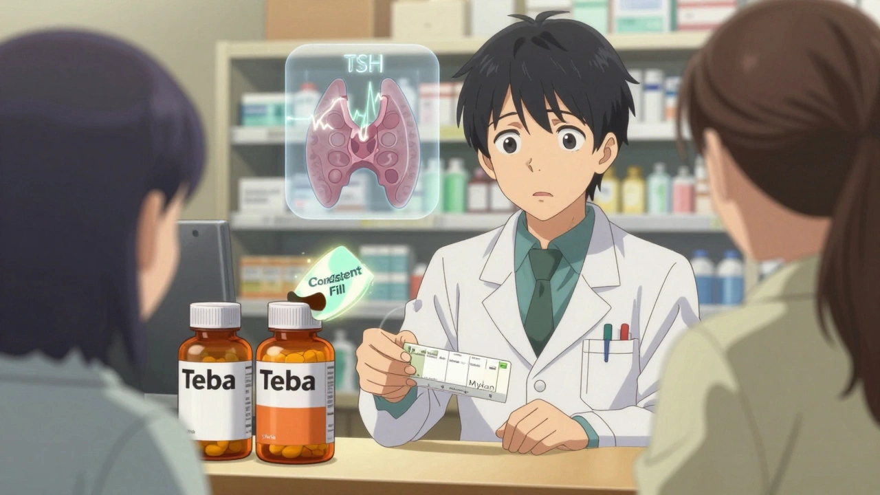 A pharmacist handing two different generic pill bottles to a concerned patient.