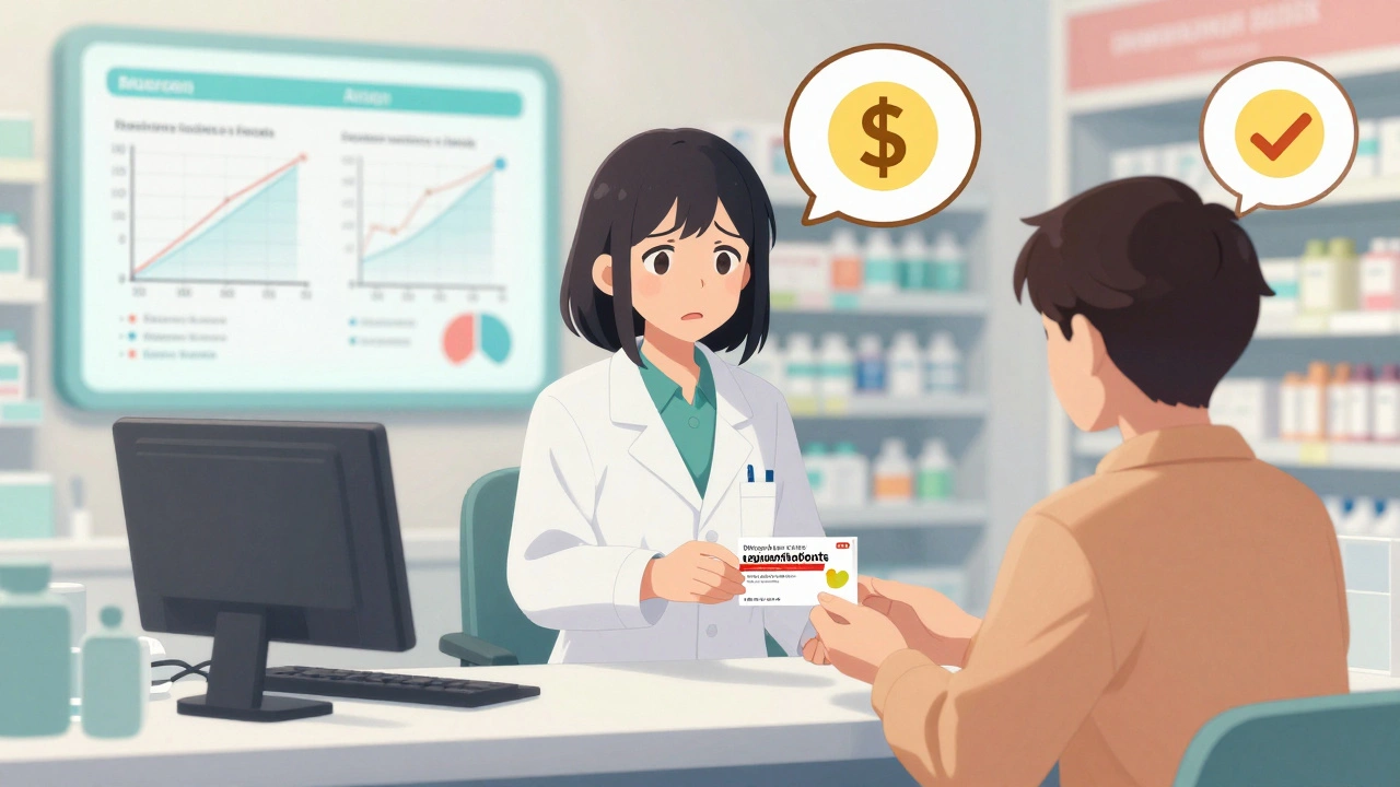 A pharmacist hands a patient a generic medication with an FDA-equivalent label in a clean pharmacy setting.