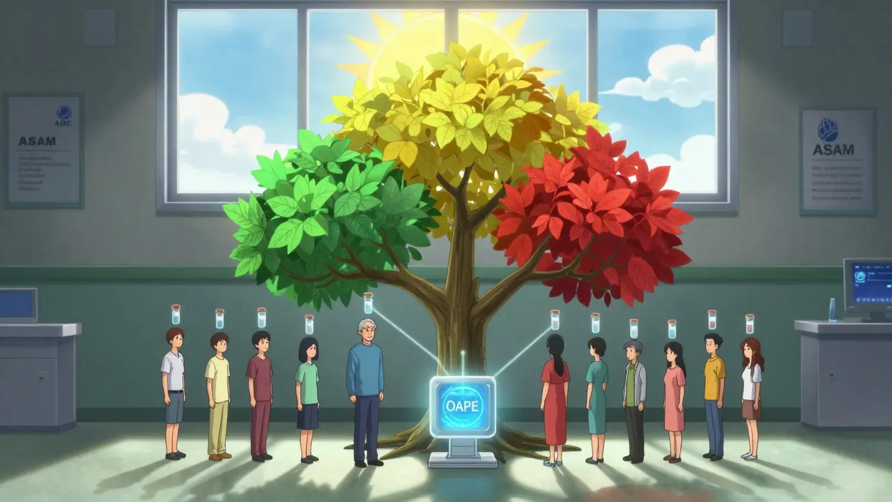 A symbolic tree with risk-tiered branches and hovering urine samples connected to an AI monitoring system.