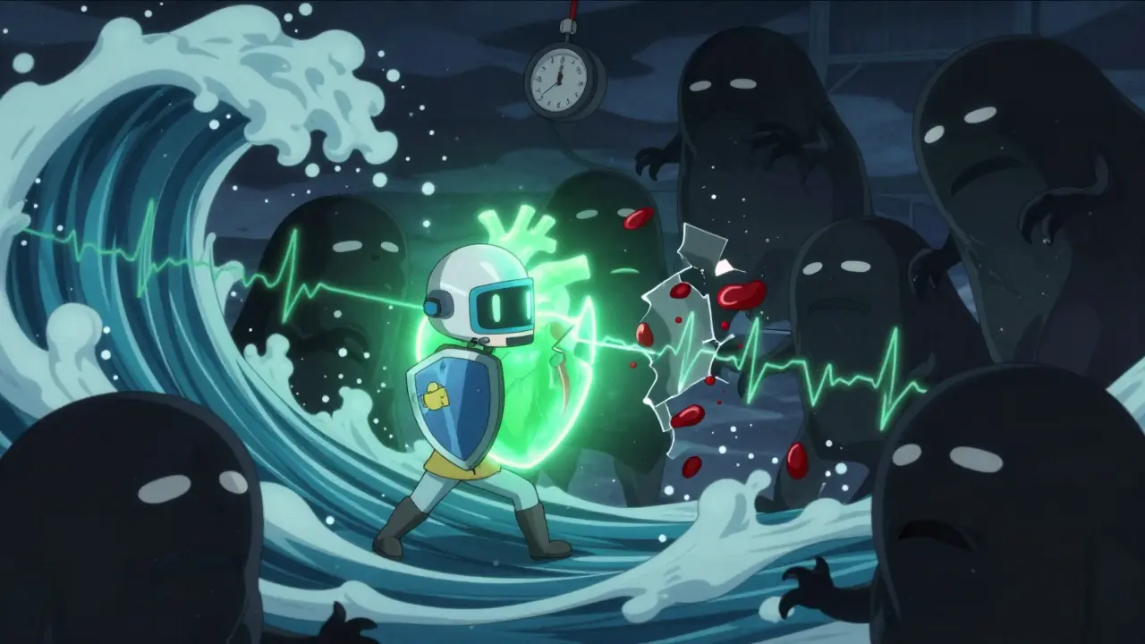 A tiny warrior defends a heart from snoring monsters using a CPAP shield, with healing green light and falling ECG fragments in anime style.