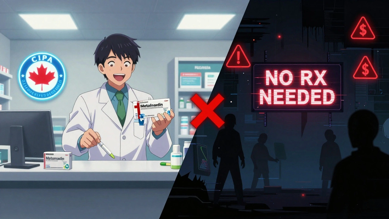 A trustworthy pharmacy on one side and a fake pharmacy on the other, shown in stark contrast.