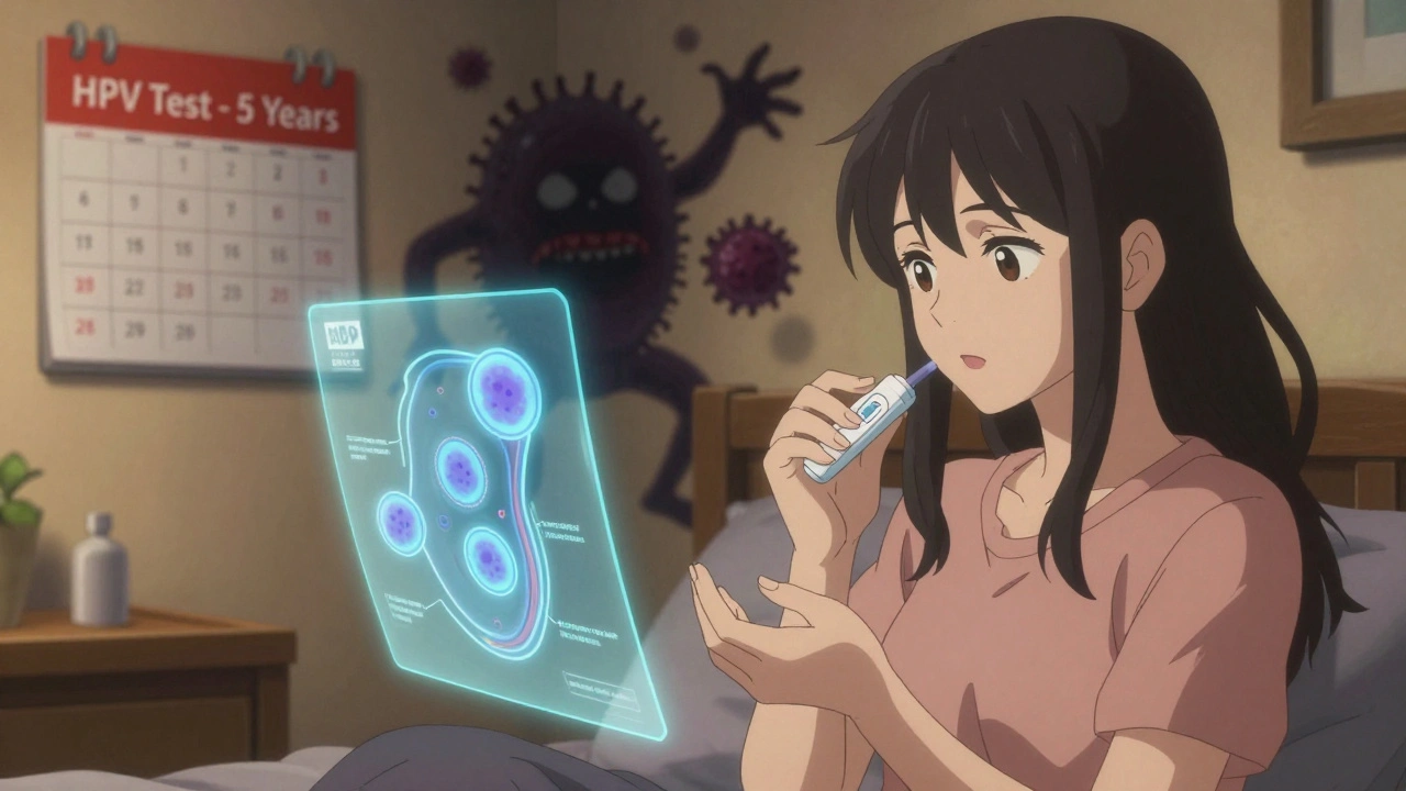 A woman using an at-home HPV test kit, healthy cells glowing beside her in soft lighting.