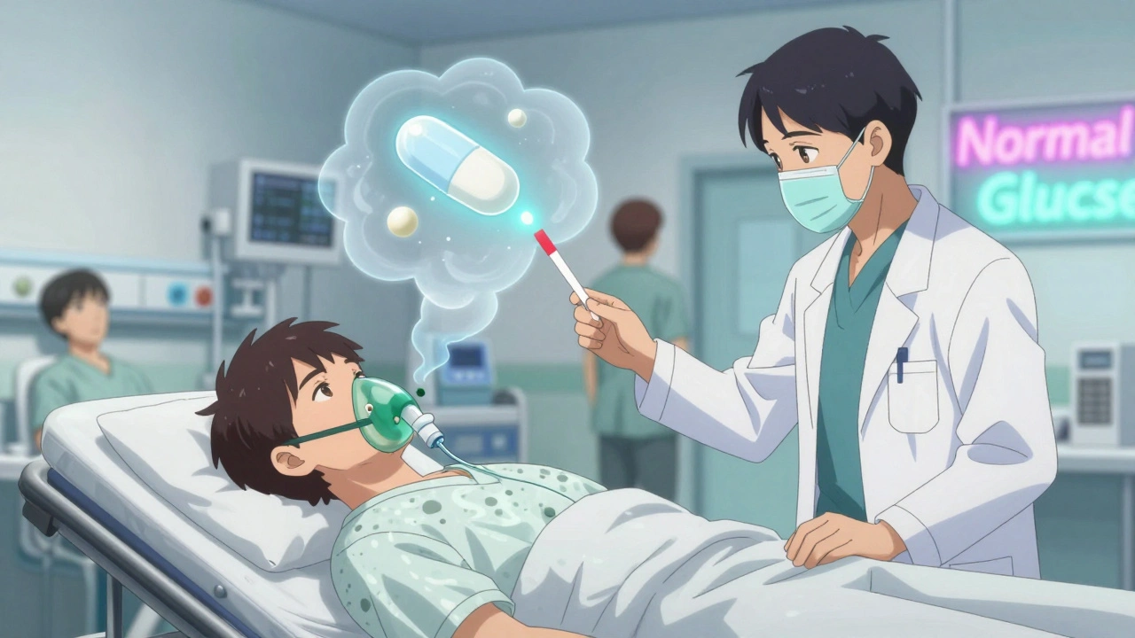 An emergency room scene with a doctor holding a ketone test strip showing high levels, patient on gurney with oxygen mask.