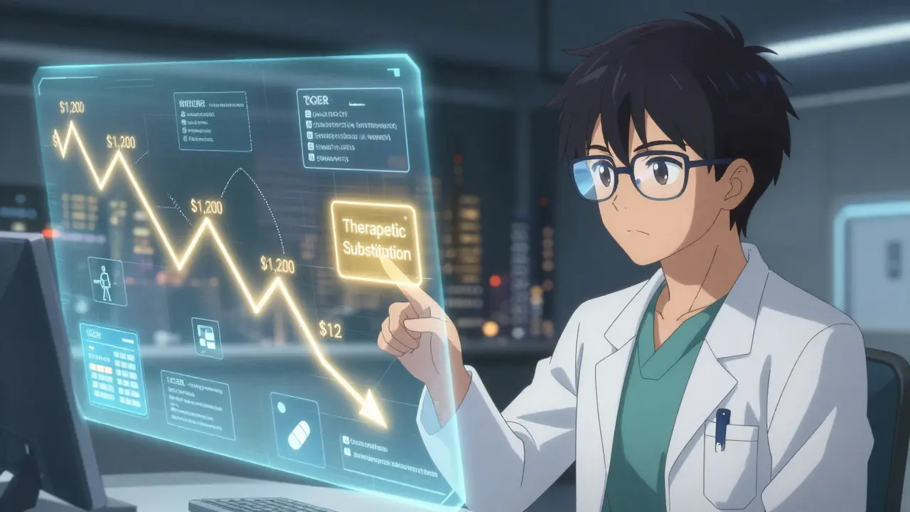 Analyst controls a holographic timeline showing generic drug prices plummeting from ,200 to .