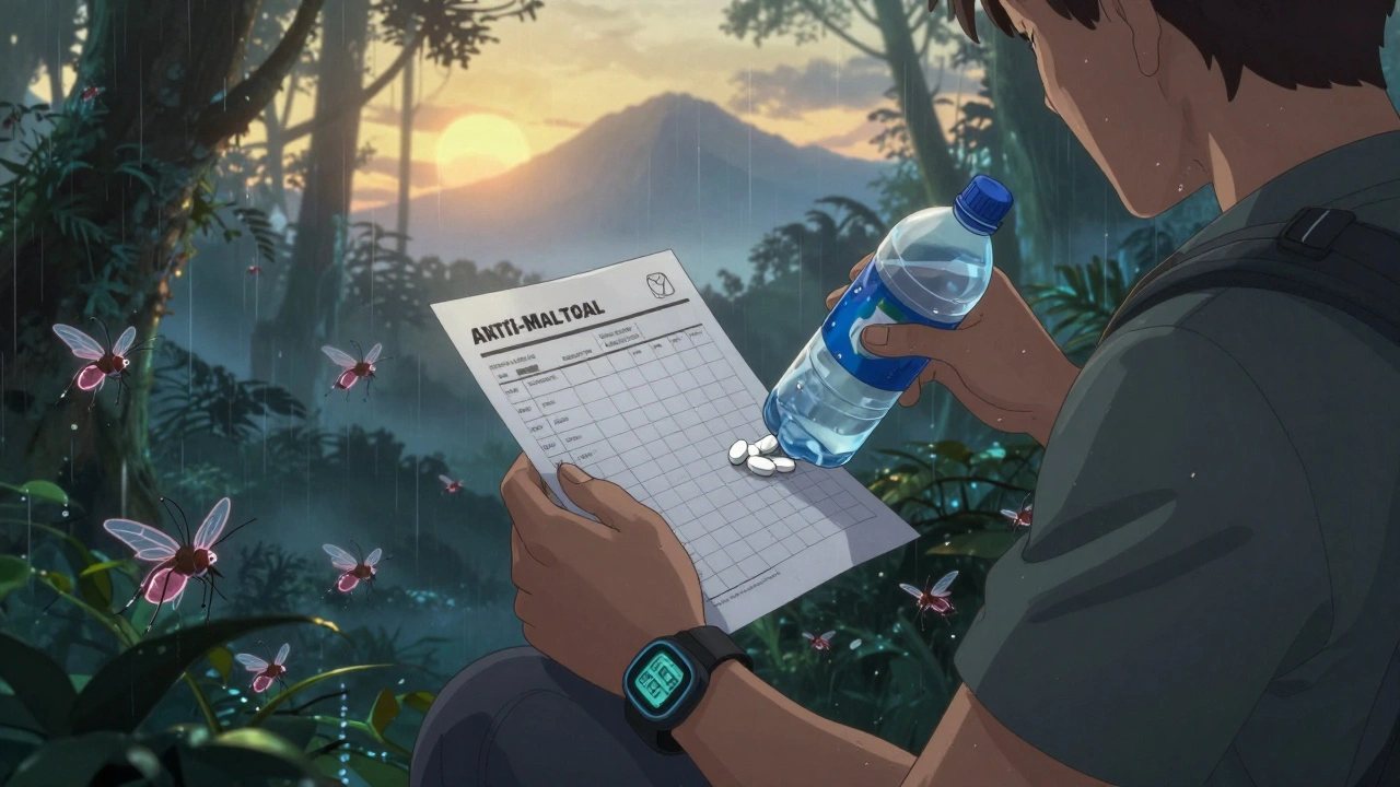 Backpacker taking anti-malarial pills at dawn in a misty jungle, with a countdown watch visible.