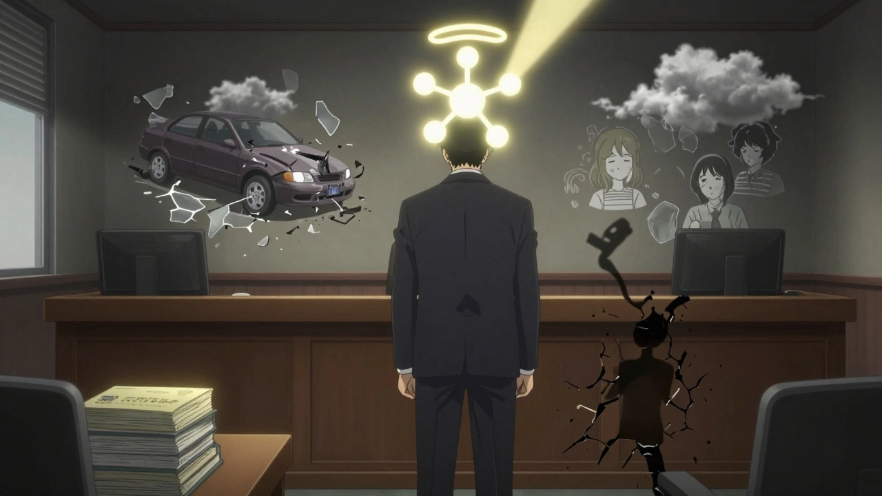 Courtroom scene with diphenhydramine molecule glowing above a driver, ghostly crash projections behind, medical journals glowing with light.