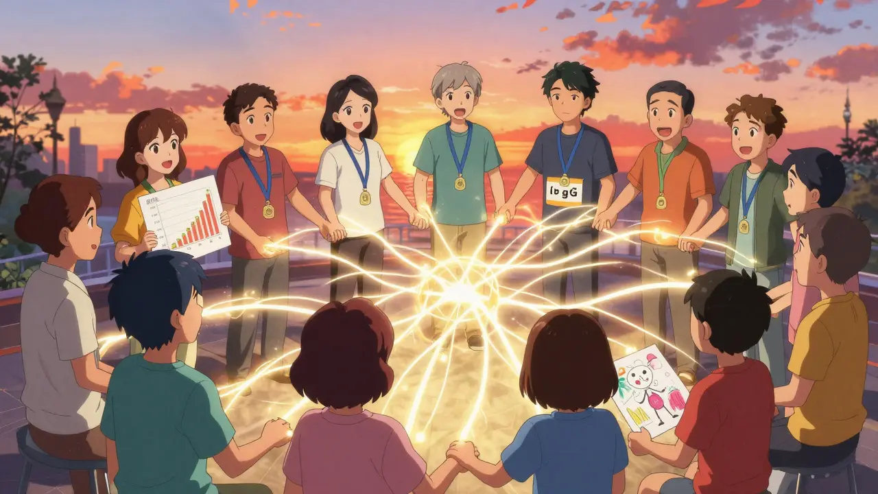 CVID patients connected by glowing antibodies at a support group conference, showing hope and community.